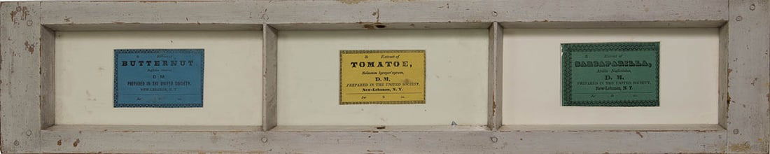 DOOR TRANSOM AND THREE SEED LABELS Pine, original light gray painted finish, wood pegged at every (1 of 1)