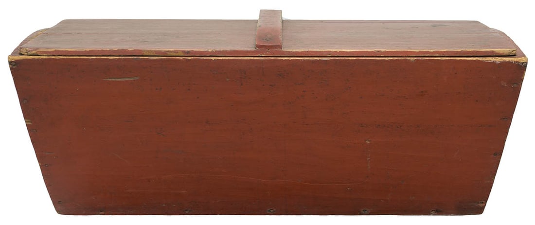 DOUGH BOX Pine, original cherry red painted finish, single board construction, affixed with handmade (1 of 6)