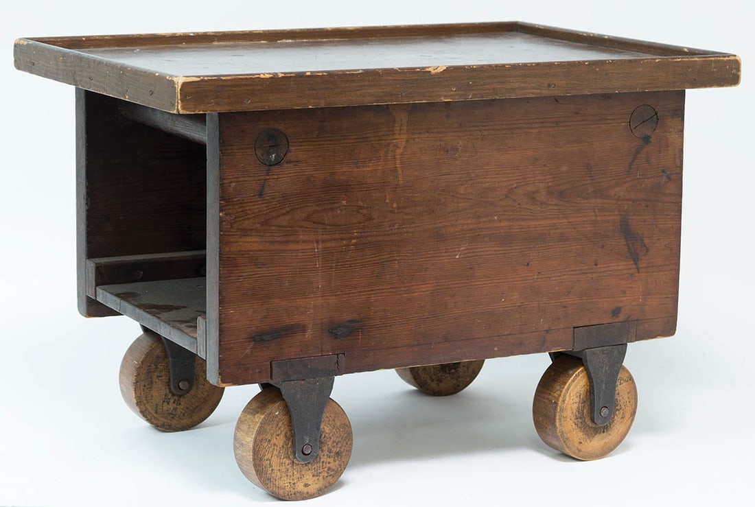 SHAKER LAUNDRY CART Maple and yellow pine, rectangular sides joined by horizontal turned rails, on (1 of 1)