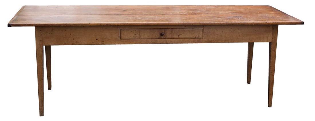 VERY EARLY LONG SHAKER TABLE Pine and maple, two board top with breadboard ends, single drawer with (1 of 4)