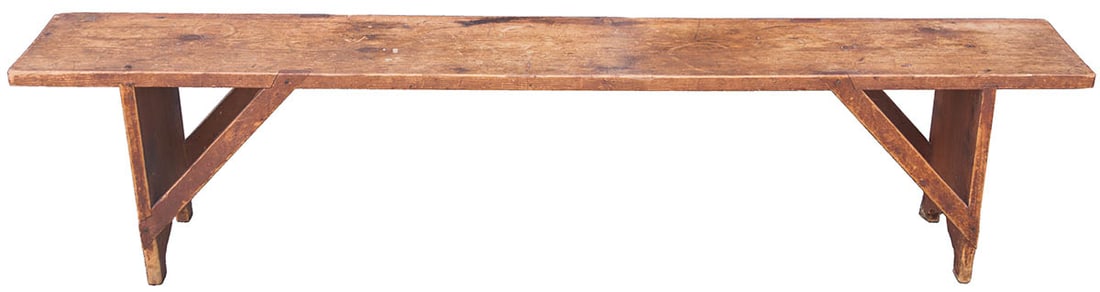 SHAKER BENCH Pine, original red painted finish, scrub top, four dovetailed side braces, gently (1 of 2)