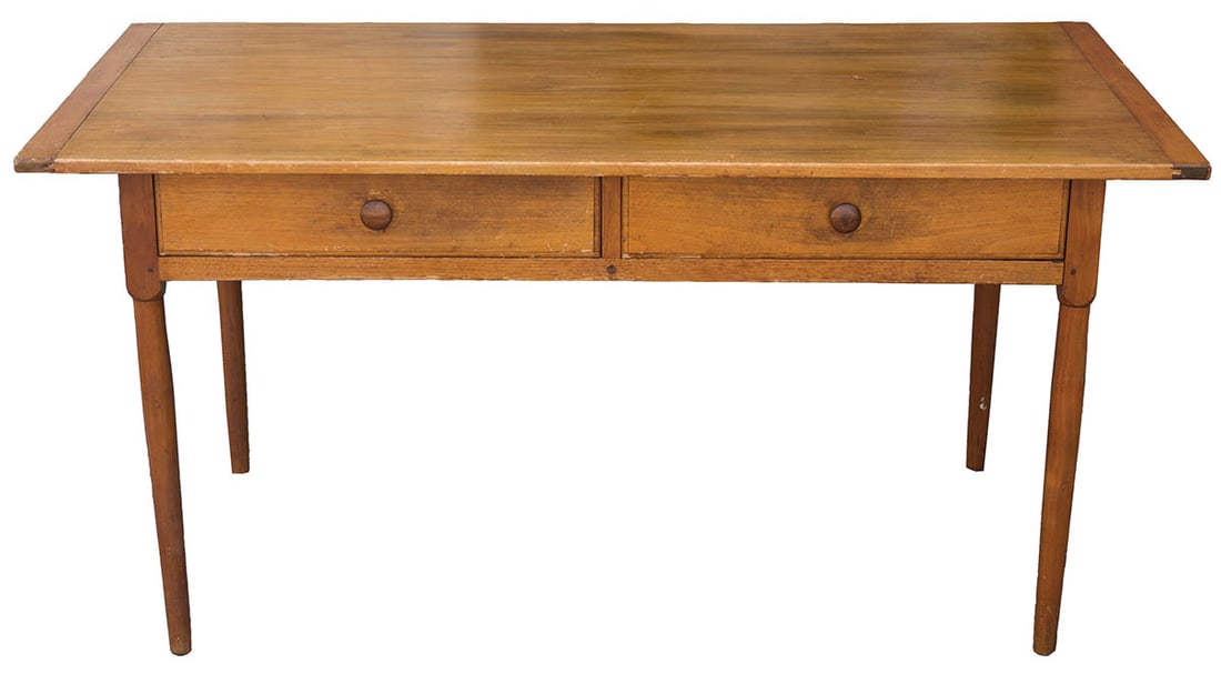 SHAKER WORK TABLE Butternut drawer fronts, poplar top, and cherry wood legs and skirt, breadboarded (1 of 3)