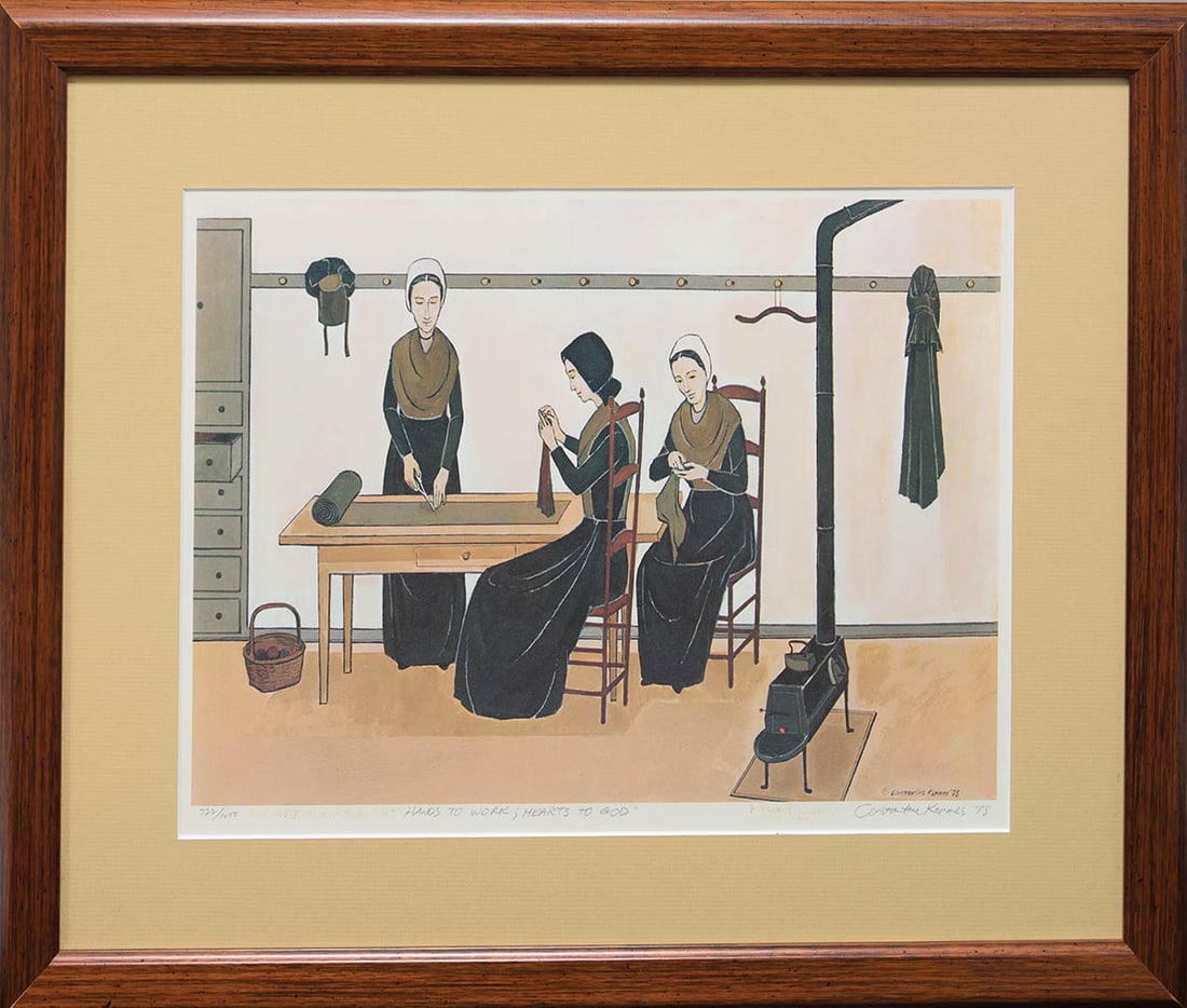 SISTER'S SEWING PRINT "Hands to Work, Hearts to God" colored print, showing three Sister's sewing (1 of 1)
