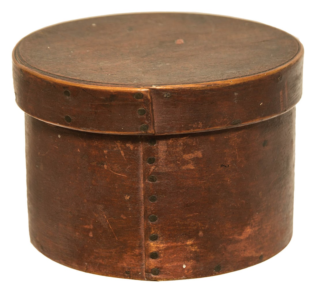 ROUND LIDDED BOX Maple and pine, original dark red painted finish, nailed lap closure with small (1 of 1)