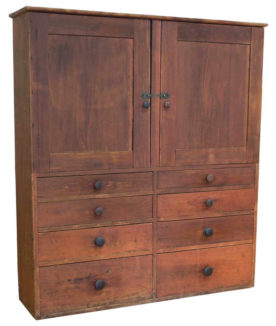 CUPBOARD OVER DRAWERS Cupboard over drawers, cherry, poplar and pine, original red stained finish, (1 of 3)