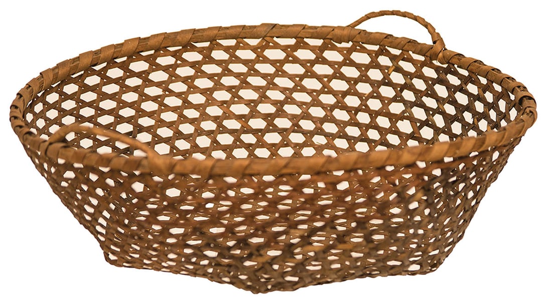 FOUR SMALL OPENWORK BASKETS Small black ash splint, openwork design, round tops, hexagonal bottoms, (1 of 3)