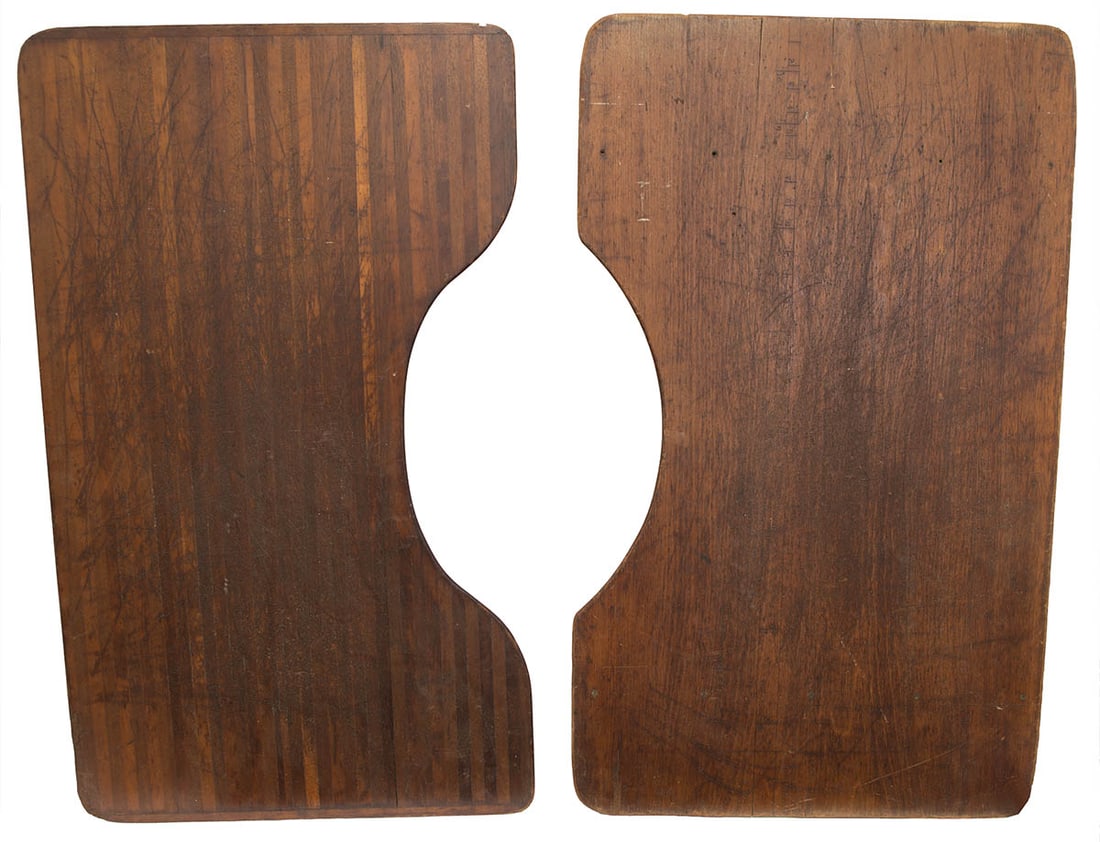 TWO SHAKER SISTER'S SEWING LAP BOARDS Variegated maple, cherry and walnut, breadboarded, rounded (1 of 2)