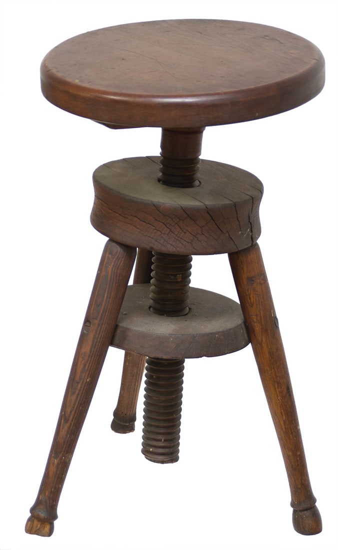 ADJUSTABLE WORK STOOL Maple central section, oak legs, pine seat, revolving top to adjust seat (1 of 3)