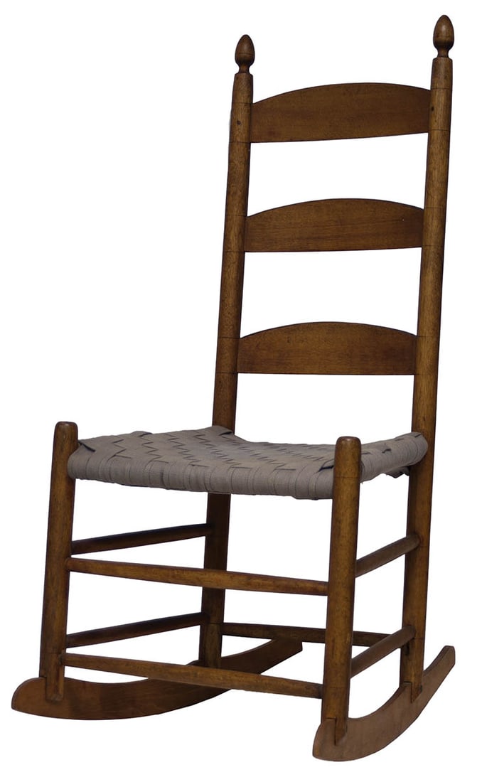 CHILD'S ROCKING CHAIR Maple and birch, extended acorn finials, three graduated slats, gray tape: CHILD'S ROCKING CHAIR Maple and birch, extended acorn finials, three graduated slats, gray tape seat, Mt. Lebanon, NY, 13" seat h, 36" overall h.