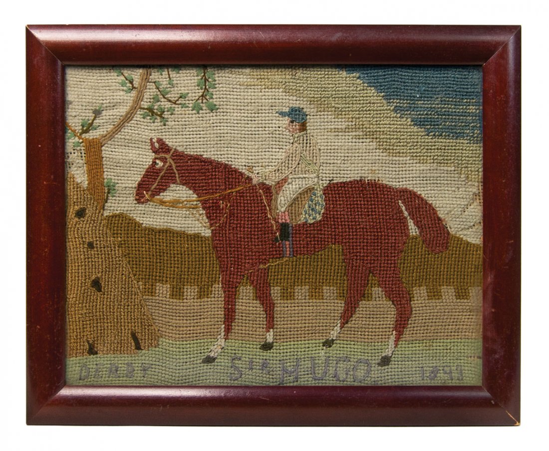 Needlework of race horse: 19TH C. FRAMED NEEDLEWORK Folk art needlework of the chestnut race horse Sir Hugo (1889-1910) with jockey, The Epsom Derby Winner in 1892, dated "1893" on right, in wood frame, 8" x 10 1/2".