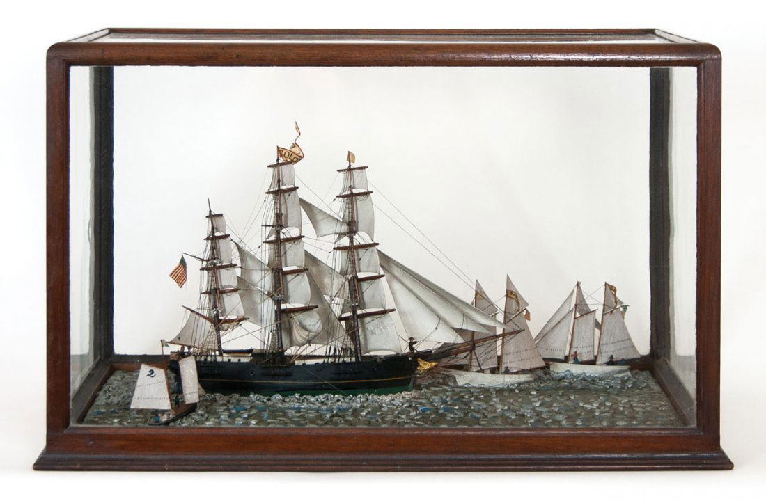 Ship model "Golden Eagle": CASED CLIPPER SHIP MODEL DIORAMA The "Golden Eagle", in an original wood and glass case, surrounded by three small sailing vessels, see Greyhounds of the Sea, p. 271, 13" h, 13" w (ship), 16" x 26" x