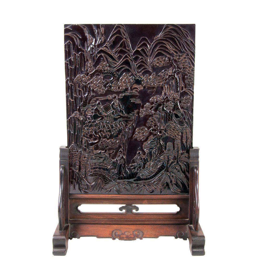 Carved Chinese screen on stand (1 of 2)