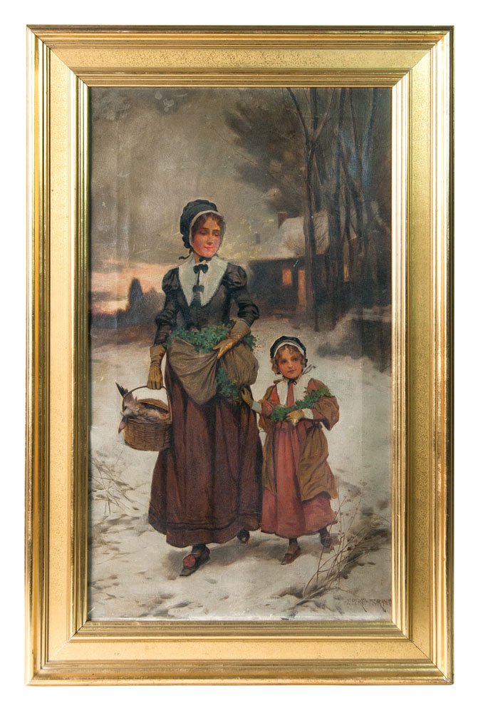 Edward P Moran painting: EARLY 20TH C. OIL BY PERCY MORAN Oil on canvas signed l.r. "E. Percy Moran" (Edward Moran, American, 1862-1935), Pilgrim mother and child walking in the snow with basket and holly for Christmas dinner