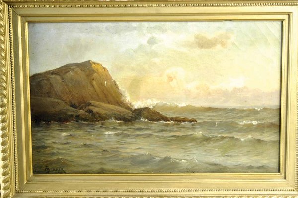 19th c. oil on canvas of a rocky coastline with wav
