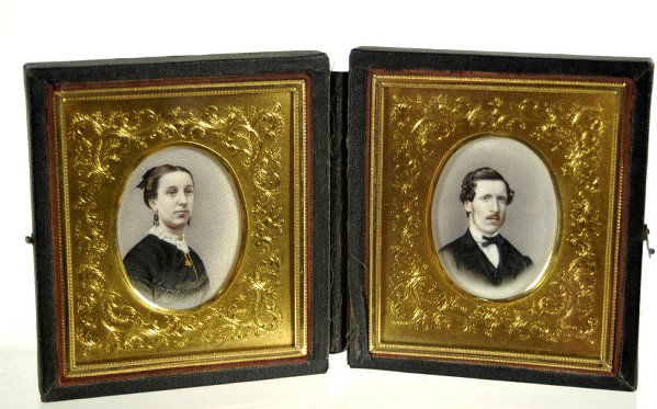 Pair of 19th c. Chinese Export cased miniature pai: Pair of 19th c. Chinese Export cased miniature paintings on ivory of Capt. Thomas Pierce and his wife, Mary Pierce, of Rhode Island, attributed to Lam Qua - 1847.