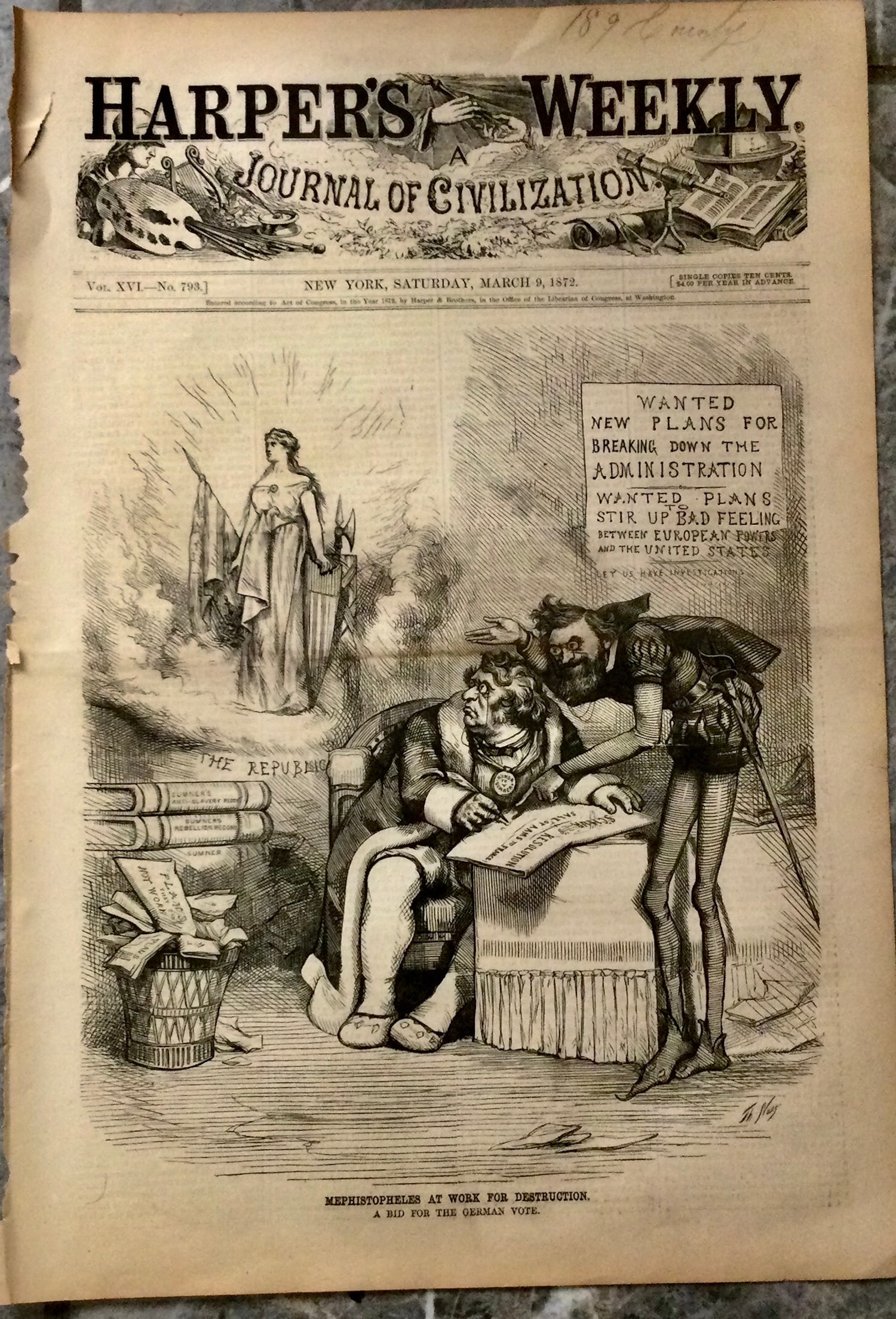ANTIQUE Harper's Weekly Front Page March 9, 1872 Woodcut Thomas Nast Full Page Illustration (1 of 2)