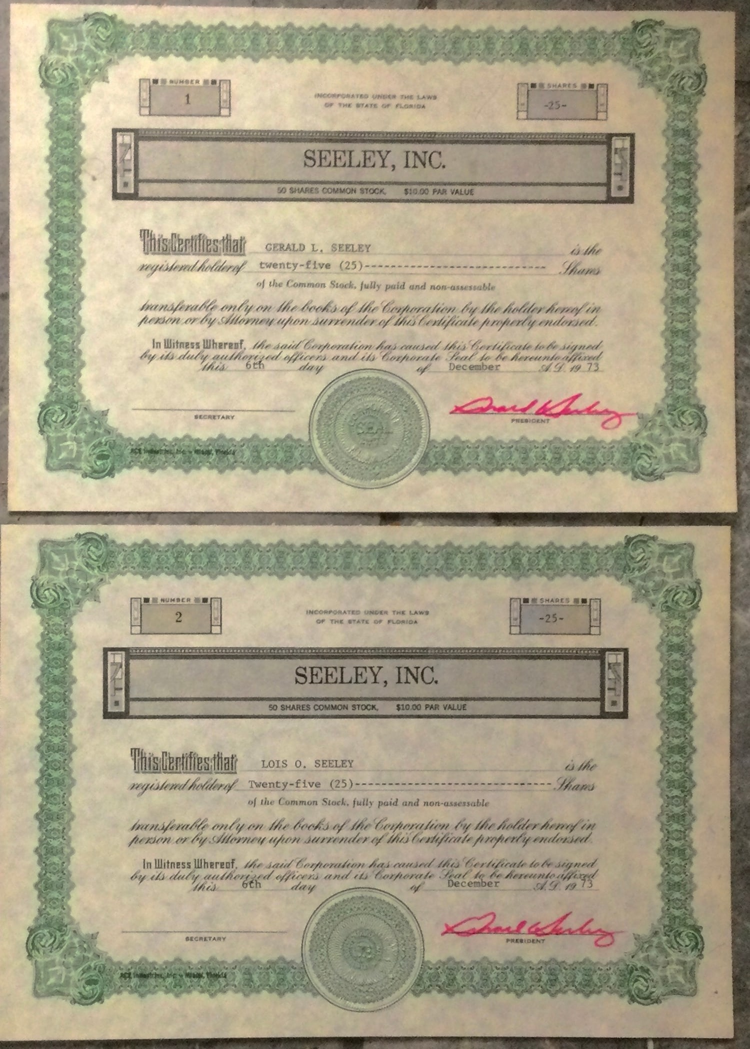(2) 1973 Stock Certificates In the Seeley Corp Of Florida (1 of 3)