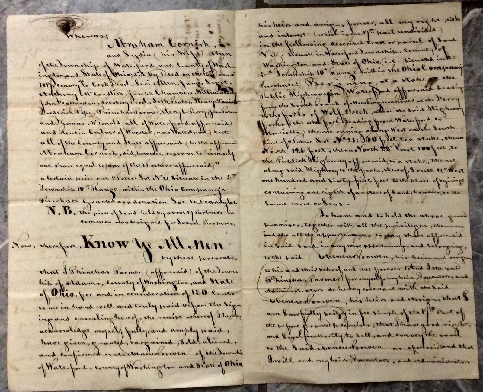 ANTIQUE 1825 Handwritten Washington County, Ohio Land Deed Phineas Palmer To Ebensar Bowen (1 of 3)