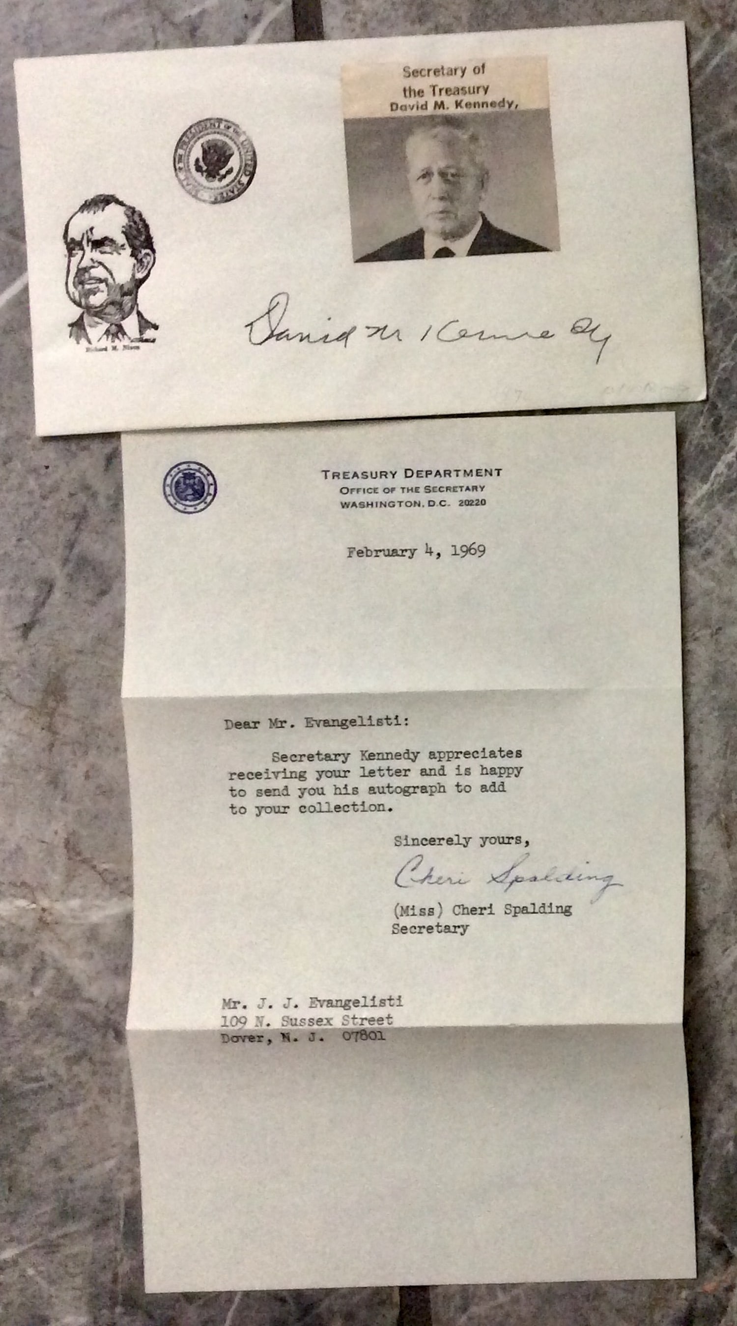 Treasury Secretary David Kennedy On President Nixon Envelope: Secretary Of The Treasury David M. Kennedy Signature On 3 3/4 Inch high by 6 1/2 Inch Wide President Nixon envelope. Undated Signature Of Secretary Of The Treasury David M. Kennedy on a pre printed Pr