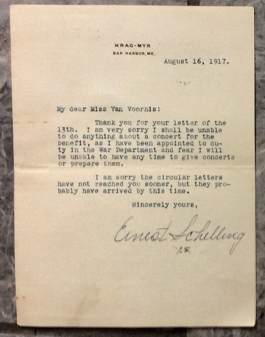 Secretarial TLS By Composer Ernest Schelling Sending Regrets: Composer Ernest Schelling. August 16, 1917 Secretarial (SEE BELOW) TLS (Typed Letter Signed) 1 page, approximately 7 3/4 inches high by 5 3/4 inches wide to a Miss Voorhis. The letter sends regrets th