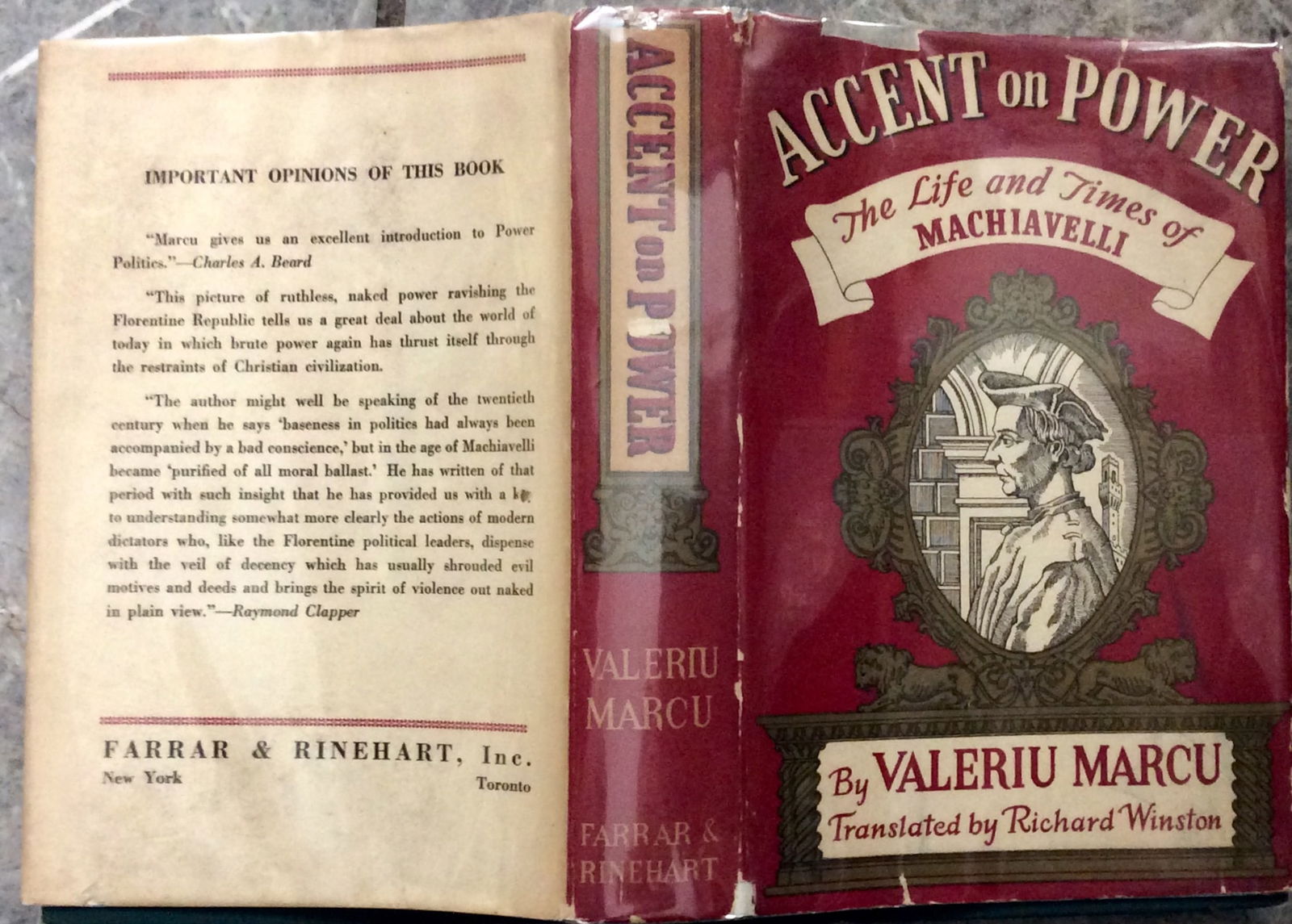 ANTIQUE Hardcover 1939 Biography Of Machiavelli's Life & Times 1st Edition 1st Printing In DJ: ANTIQUE Hardcover 1939 Biography Of Machiavelli 1st Edition 1st Printing In DJ. "Accent On Power: The Life and Times of Machiavelli. By Valeriu Marcu & translated by Richard Winston. HARDCOVER 1939 Fa
