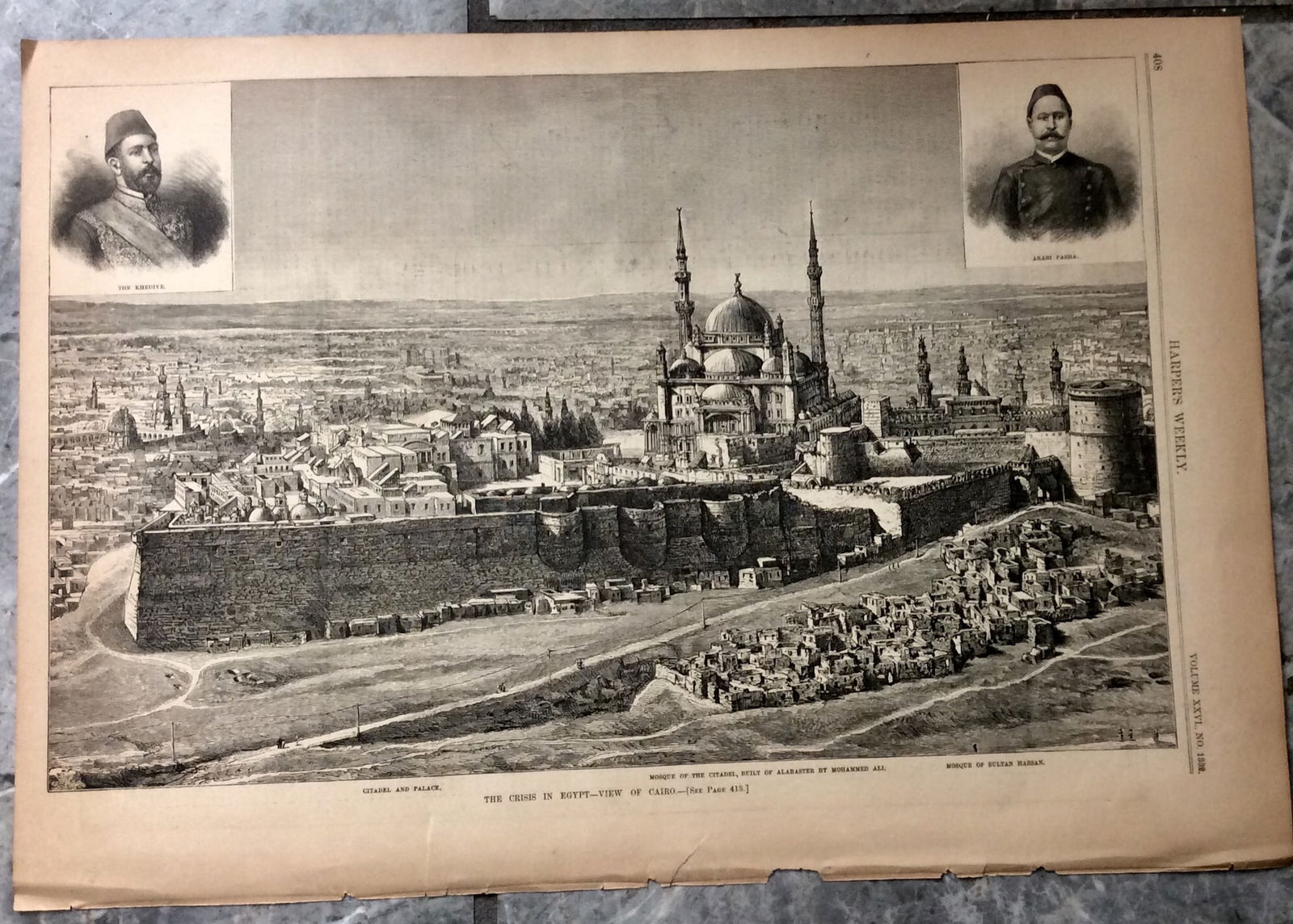 ANTIQUE 1882 Harper's Weekly Full Page Illustration: ANTIQUE 1882 Harper’s Weekly Illustration, suitable for framing. A bird's eye view of the city of Cairo, Egypt with small inset portraits of the Khedive of Egypt & his chief minister Arabi Pasha. It