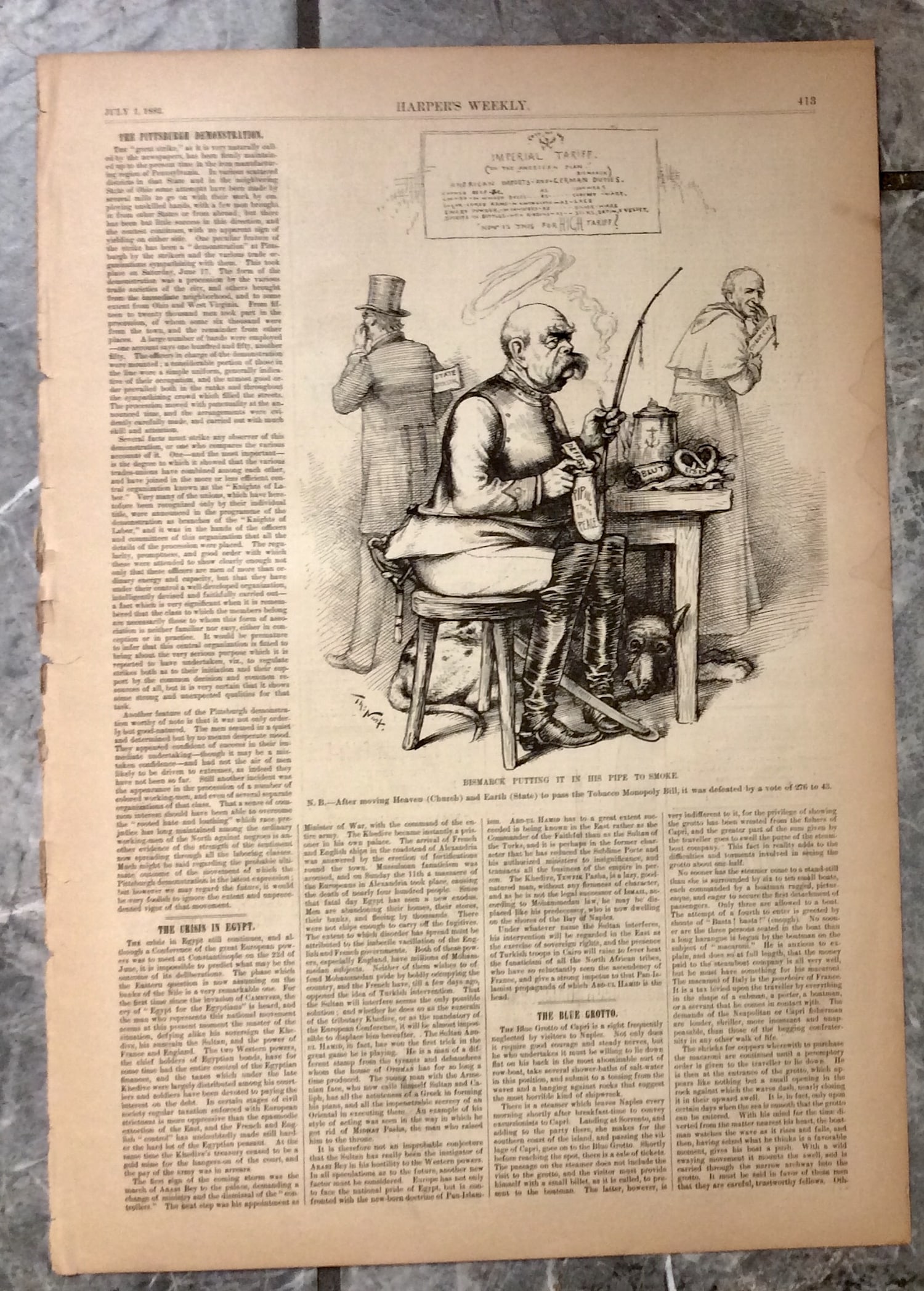 ANTIQUE 1882 Harper's Weekly Thomas Nast Illustration: ANTIQUE 1882 Harper’s Weekly Thomas Nast Illustration, suitable for framing. A Nast cartoon lampooning the efforts of German chancellor Otto Von Bismarck to secure a tobacco monopoly. It is interior