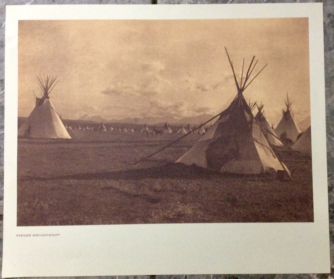 "PIEGAN ENCAMPMENT" Edward Curtis 2006 Sepia Tone American Indian Photo: Sepia Tone North American Indian Photo Of Western Indian Life By Famed 19th Century American Photographer Edward S. Curtis. Copyright 2006 by Tess Press/BBS Publishing. Suitable for framing, each phot