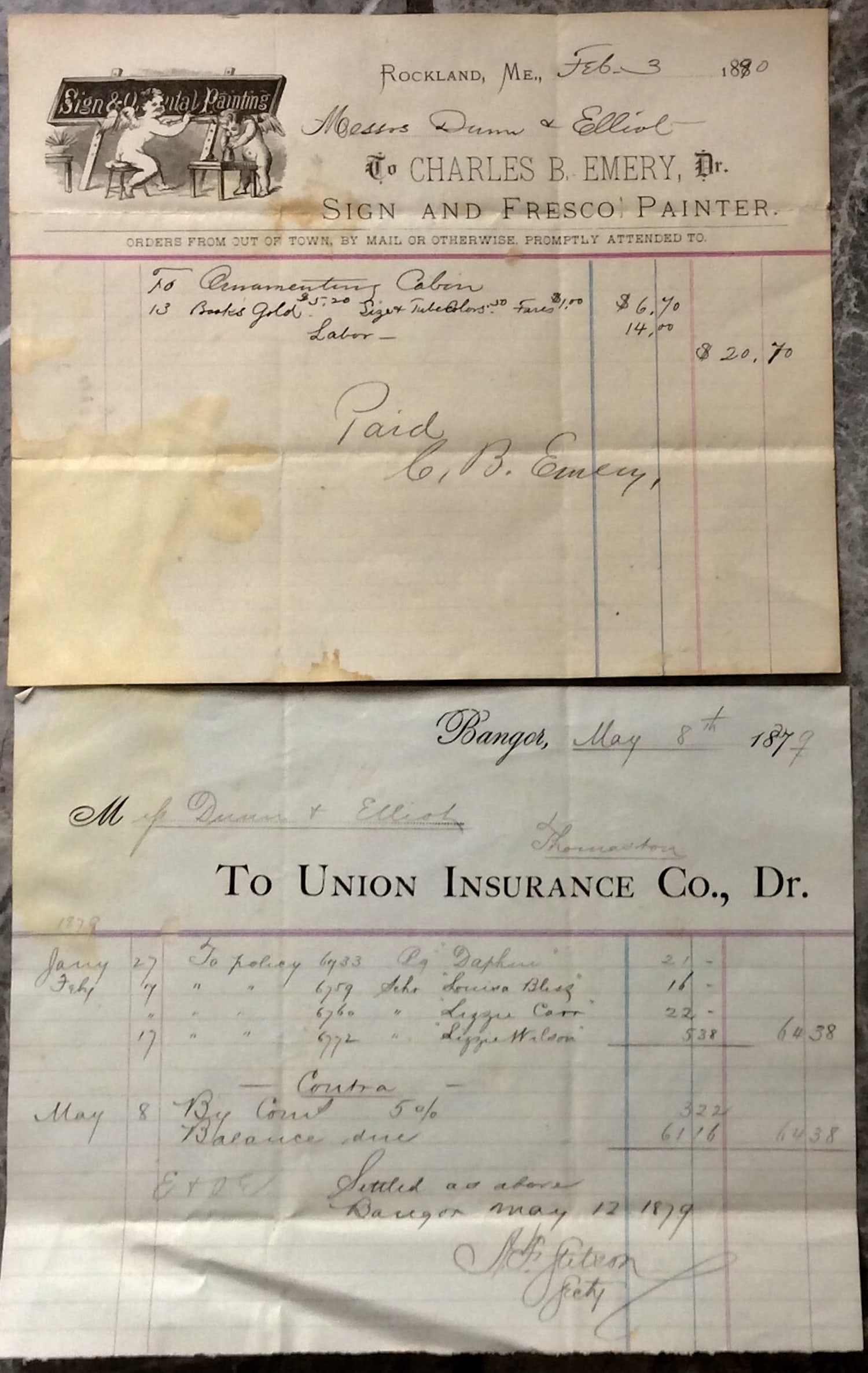 Lot Of (2) 19th Century Maine Nautical Bill Heads: Lot Of (2) 19th Century Maine Nautical Bill Heads for building or voyage outfitting of the sailing ships of the late 19th century. One is from the sign & fresco painter Charles B. Emery Of Rockland, M
