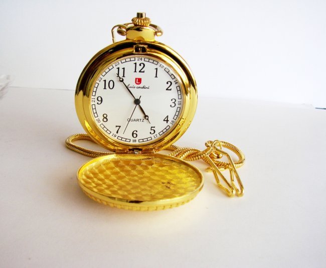 Pocket Watch 'L' Luis Cardini 18k Y/g Overlay: Pocket Watch Luis Cardini Quartz Japan Movement,18k Yellow Gold Overlay Carved: A Tran , and Leaf Design on the back side Diameter: 50x50 mm Come With Chain 14.5â€Run By Battery Estimated Value Pri