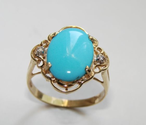 Turquoise Ring 3.05Ct & Diamond. 02Ct 14k Y/g (1 of 4)