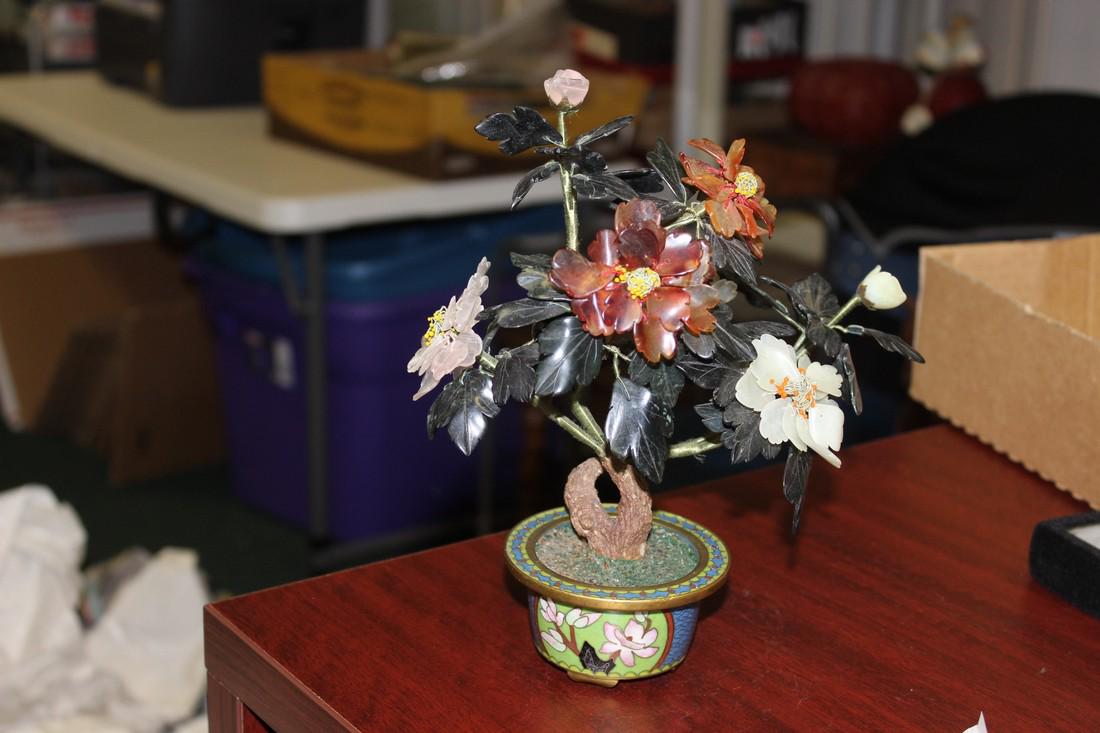 A Cloisonne Pot and Jade Flowers: 9 1/4" tall