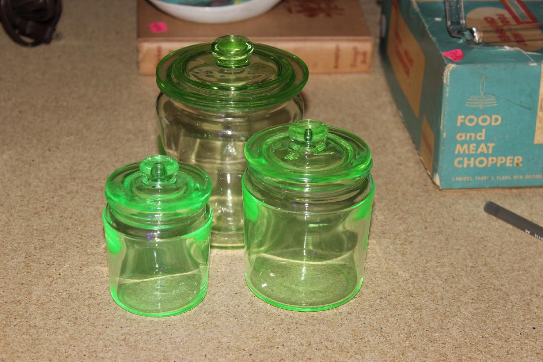 Lot of 3 Vaseline Glass Jars: Tallest= 5 1/4"
