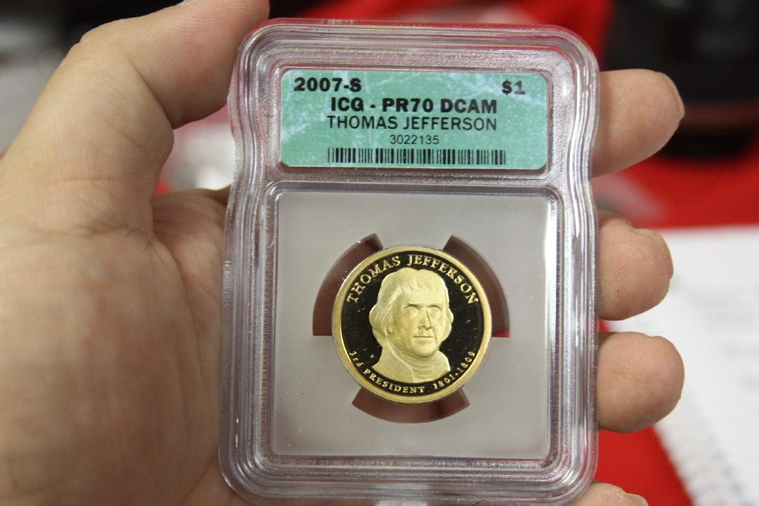 A 2007-S Thomas Jefferson One Dollar Coin: ICG Graded - Pr70 DCAM