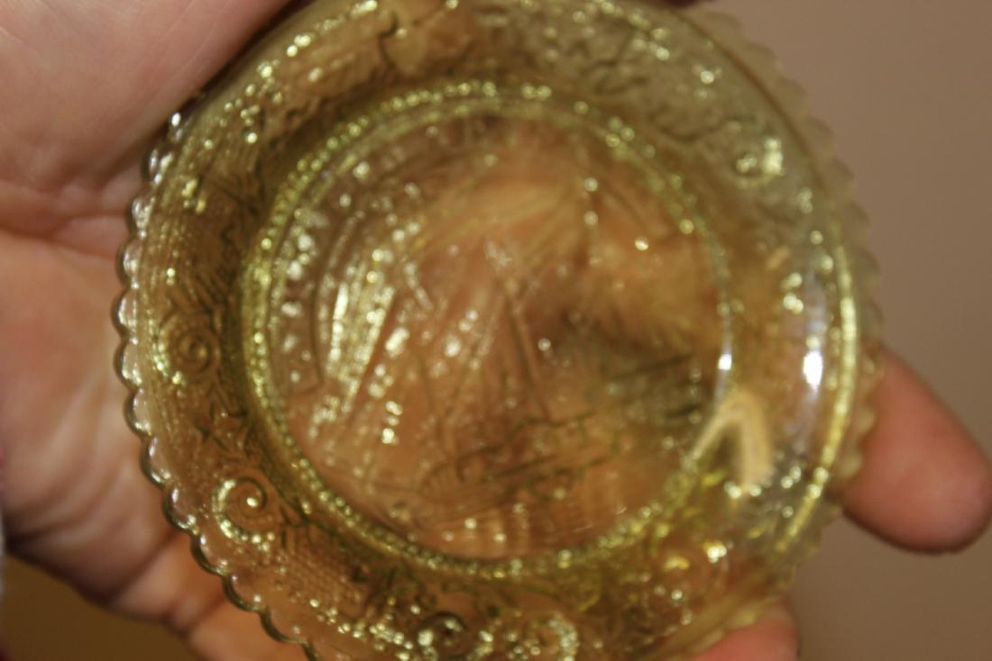A Pair of Benjamin Franklin 1920's Glass Plates: Ship design - probably Westmoreland - green colour - 3 1/2" in diameter each
