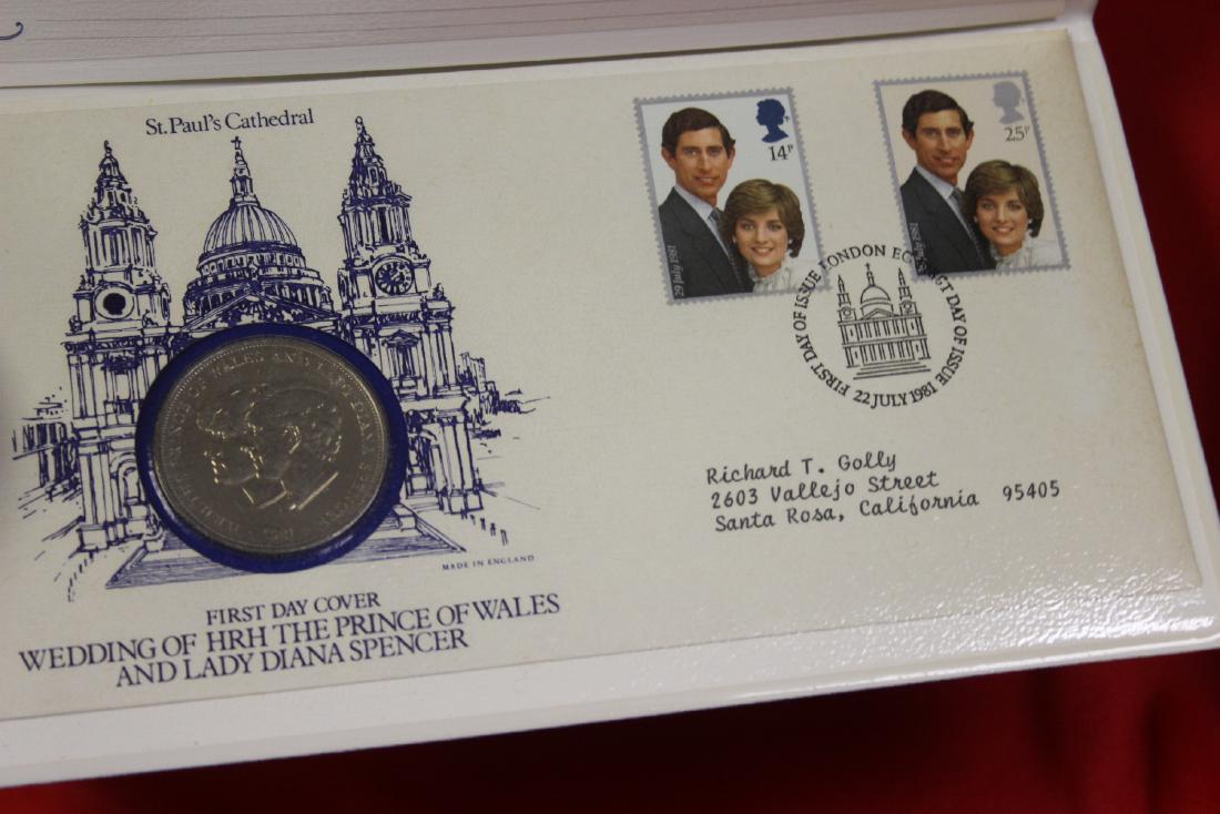first Day Cover of the British Stamps: and official one-crown, honoring the royal wedding of Prince Charles and Lady Diana Spencer