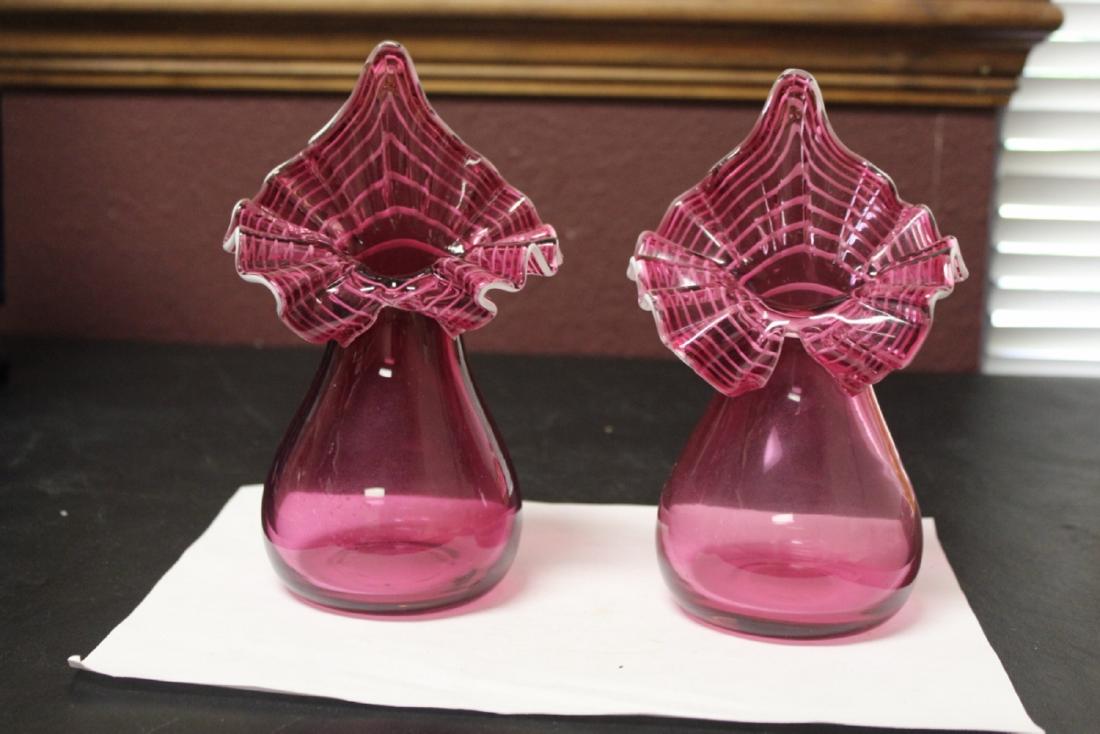 A Pair of Jack in the Puppet Cranberry Vases: 7 3/4" tall each - ruffled edge