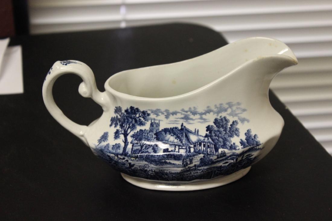 A Royal Essex Ironstone English Blue and White Gravy: 7 1/2" long to the loop of the handle