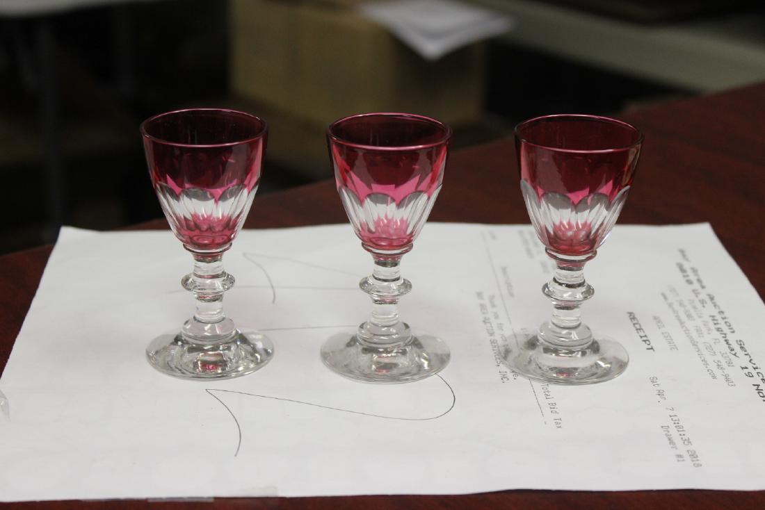 Lot of 3 Cut Glass Cranberry Small Liquor Glasses: Possibly shot glasses - 3 3/8" tall - well made