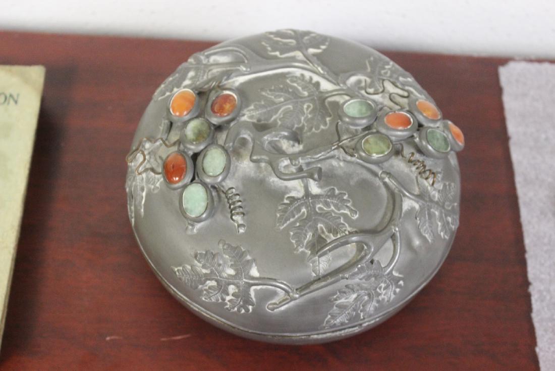 A Chinese Gemstone and Pewter Box: Antique/Vintage - 7 inches in diameter