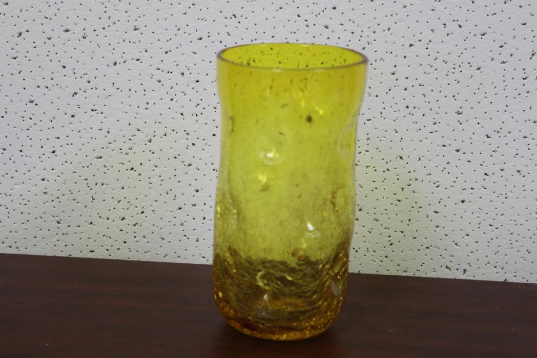 A Blenko Glass Tumbler: Pinched design, crackle - 6" tall