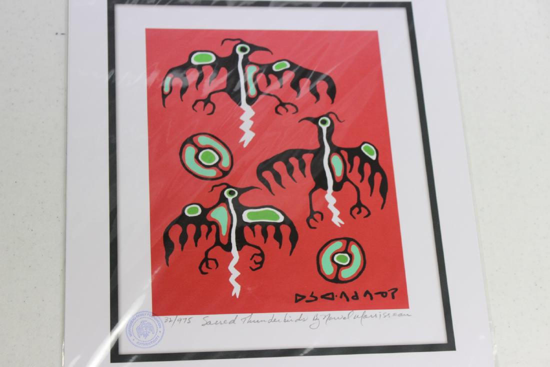 A Limited Edition Giclee, Sacred Thunderbirds: by Canadian-Indian artist Norval Morrisseau - signed and numbered - 32/975 - with stamp - overall= 13 1/8" x 11 1/2"