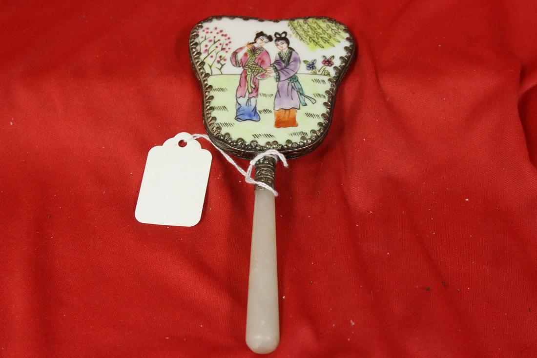 A Chinese Jade Handle and Porcelain Mirror: 6 1/4" long