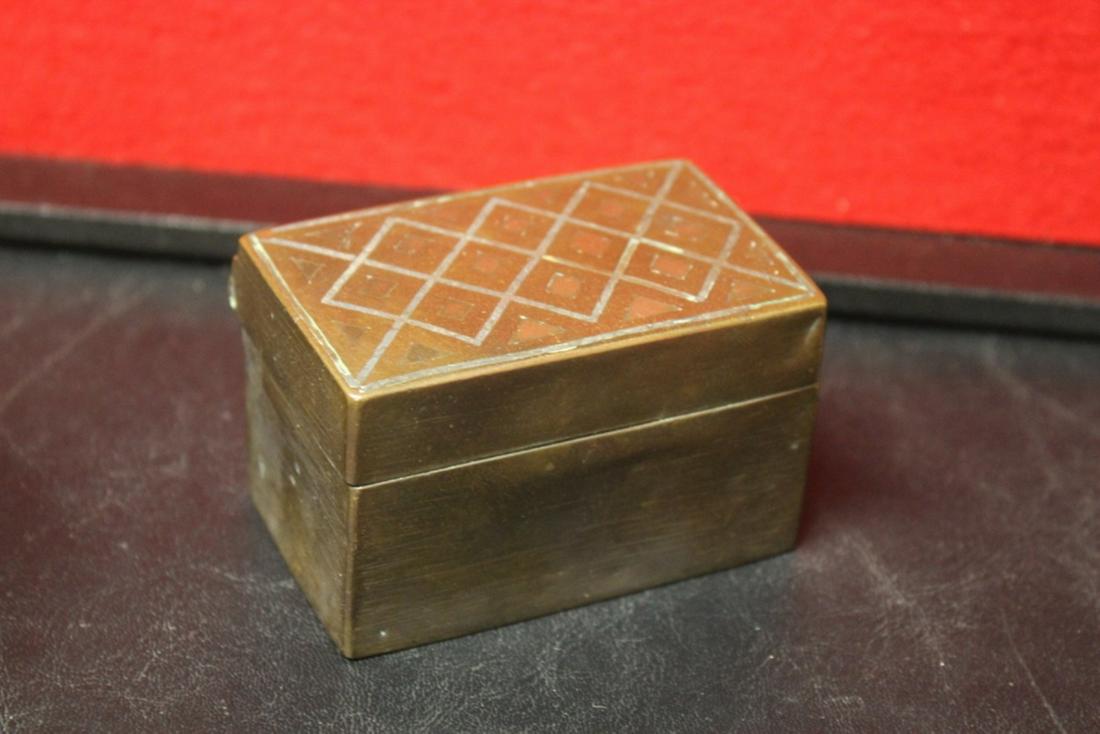 An Inlaid Metal Box: Please note: hole underneath - 3 1/8"long x 2" tall x 2 1/4" deep