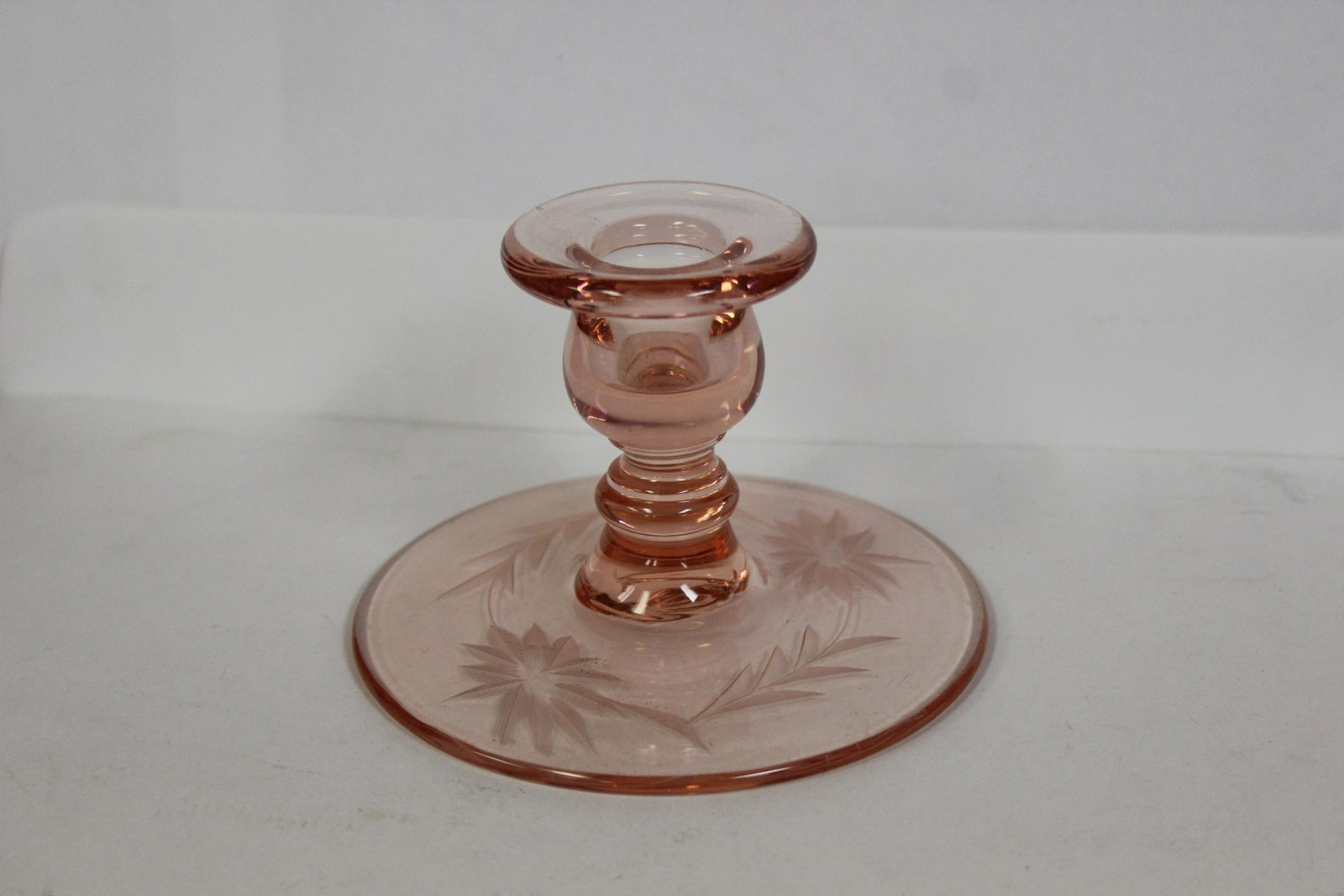 A Cut Glass Pink Depression Glass Candlestick: 3 1/4" tall