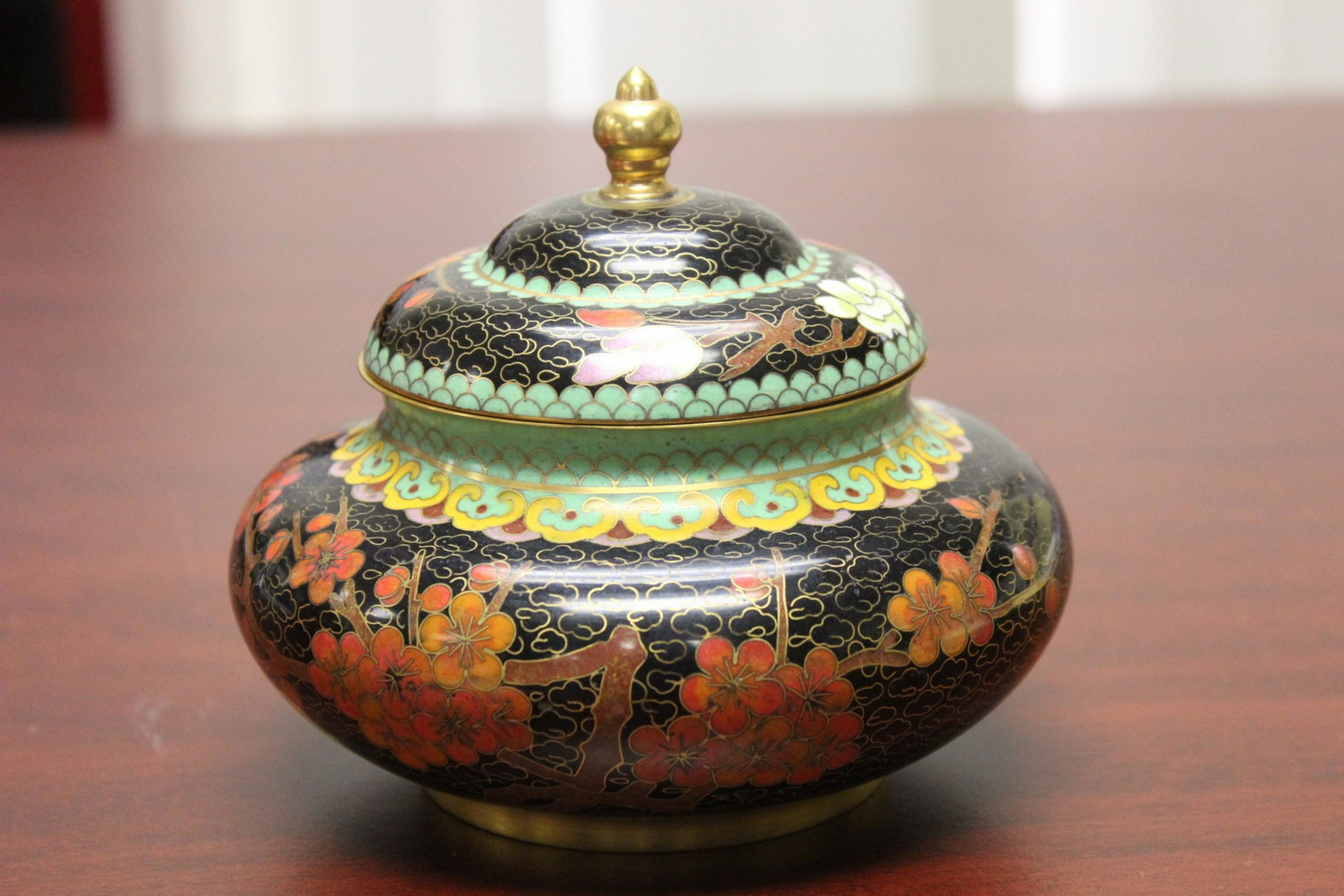A Chinese Cloisonne Squad Shape Jar: with lid - 4 3/4" tall
