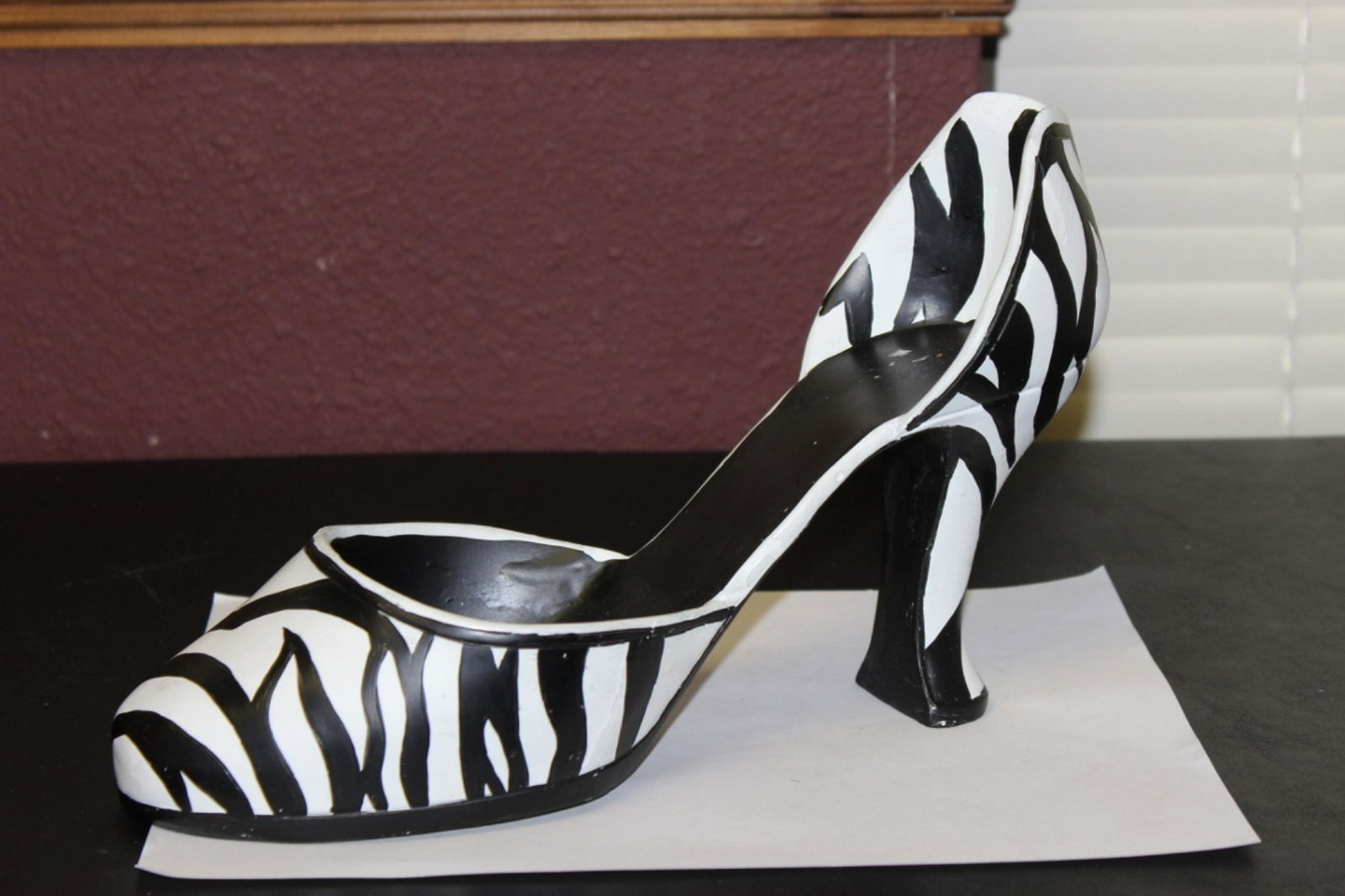 A Zebra Shoe High Heel Wine Bottle Holder: 11 inches long