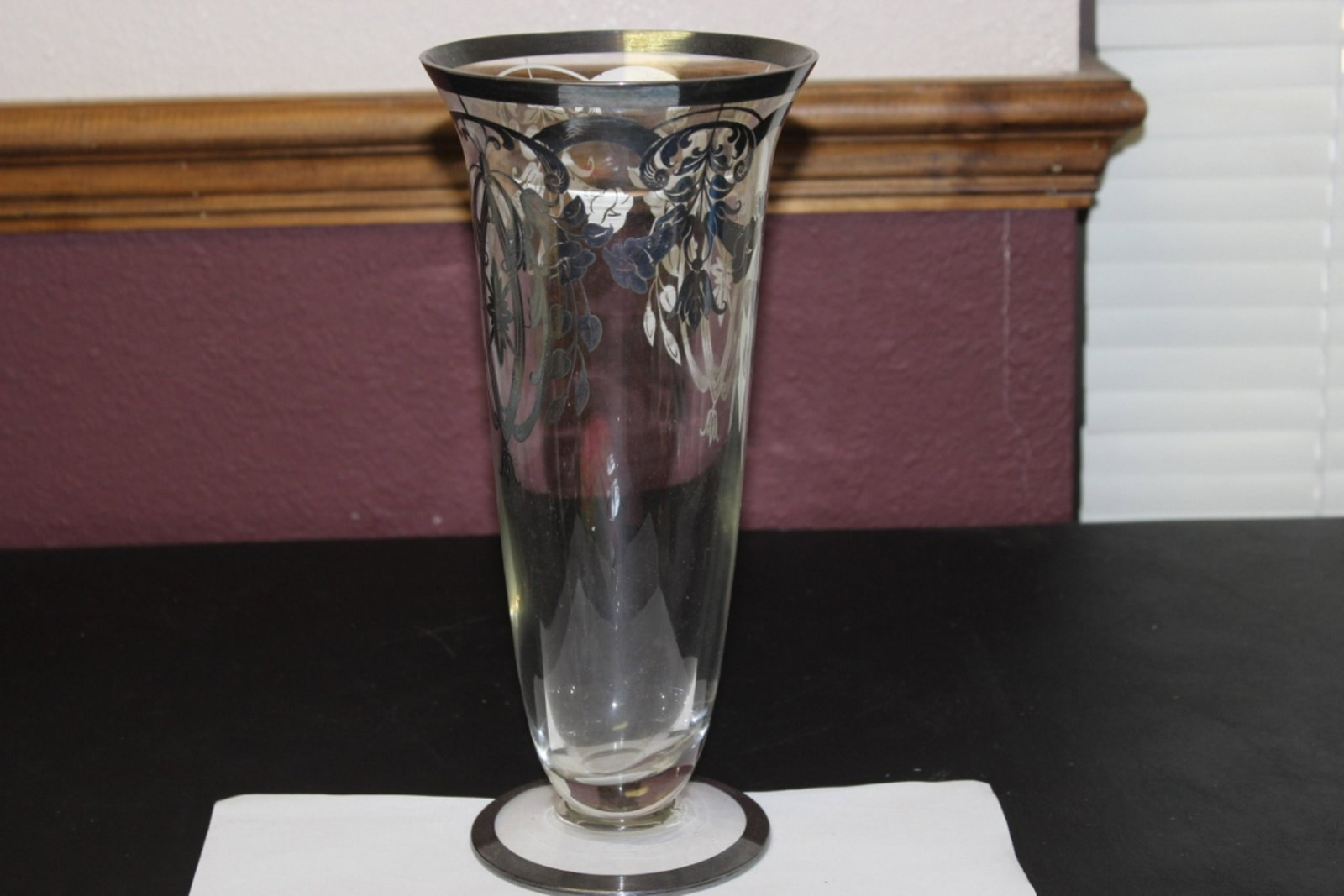 A Silver Overlay Glass Vase: 10 3/4 inches tall