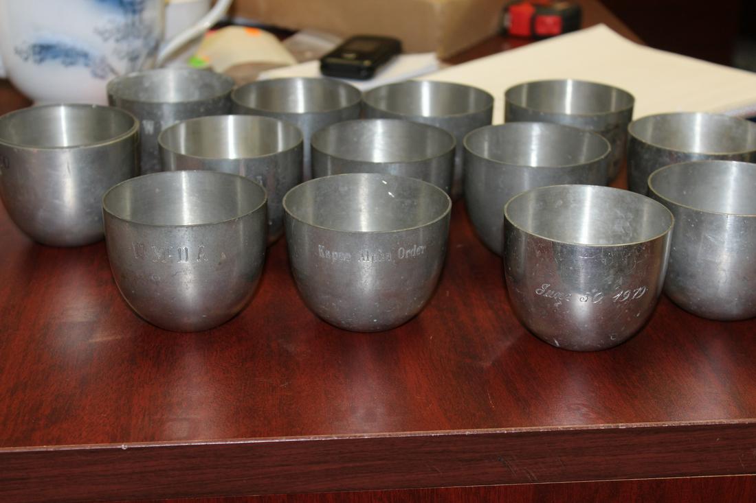 Lot of 14 Steiff Pewter Cups: Please note: one stuck and one has small dents - most cups have engraving of event or name - 2 5/8" tall each