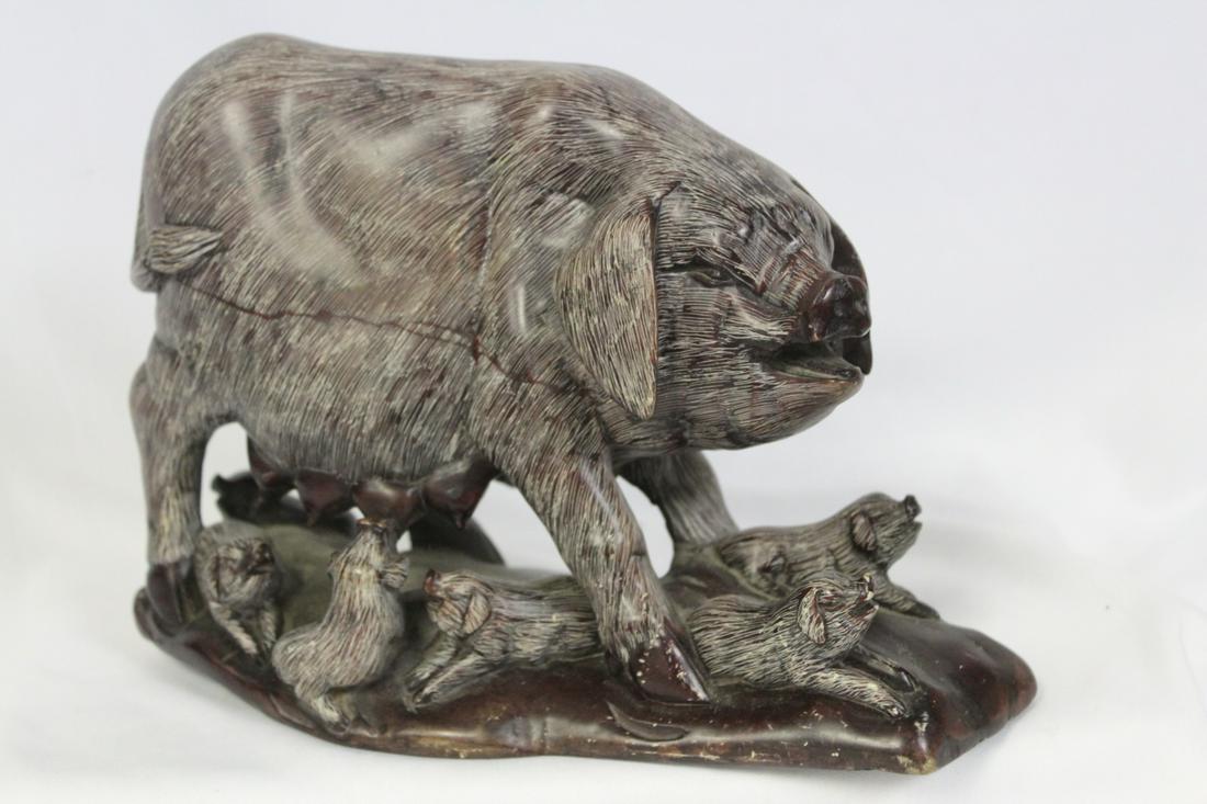 A Soapstone Pig and Piglets: nicely carved - 8" long